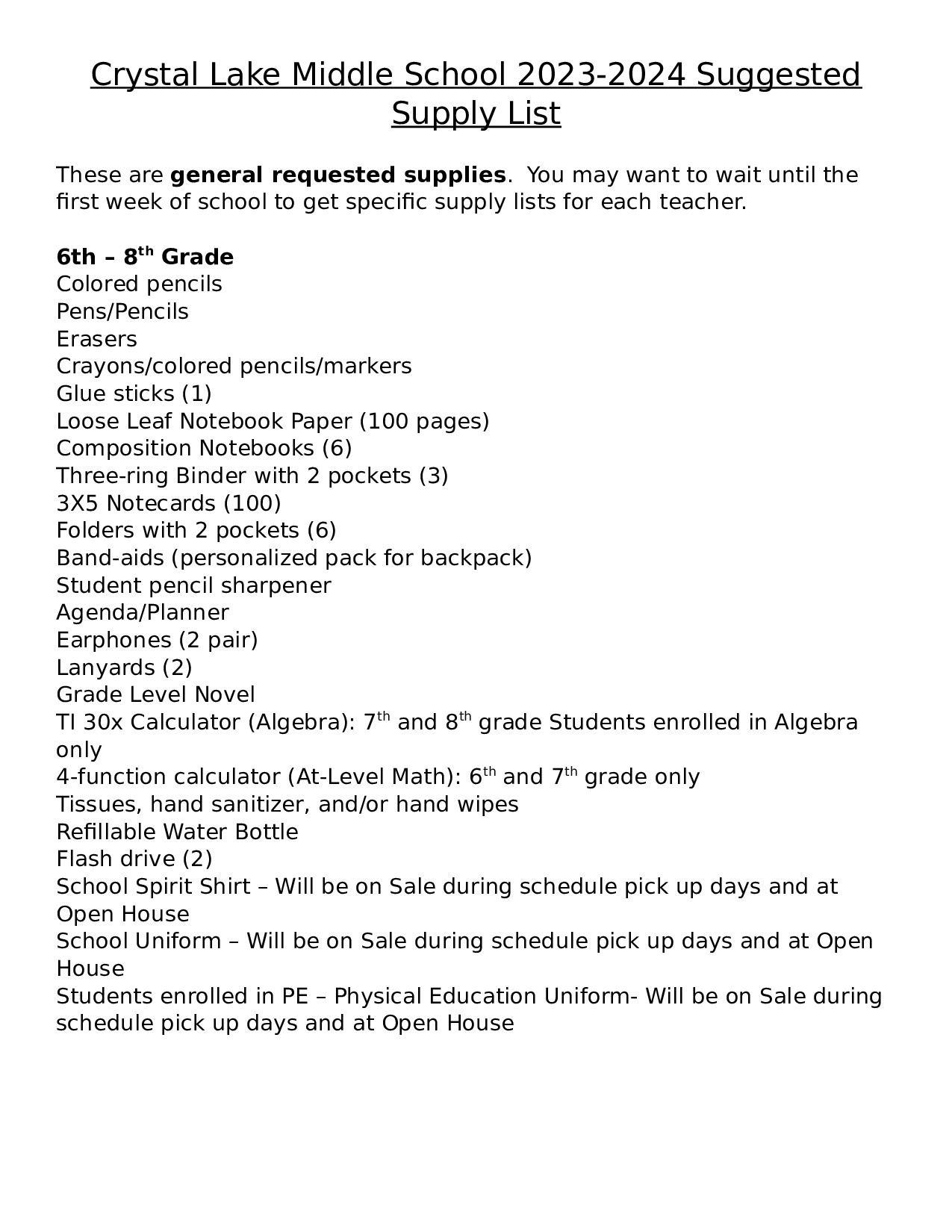  List of Supplies